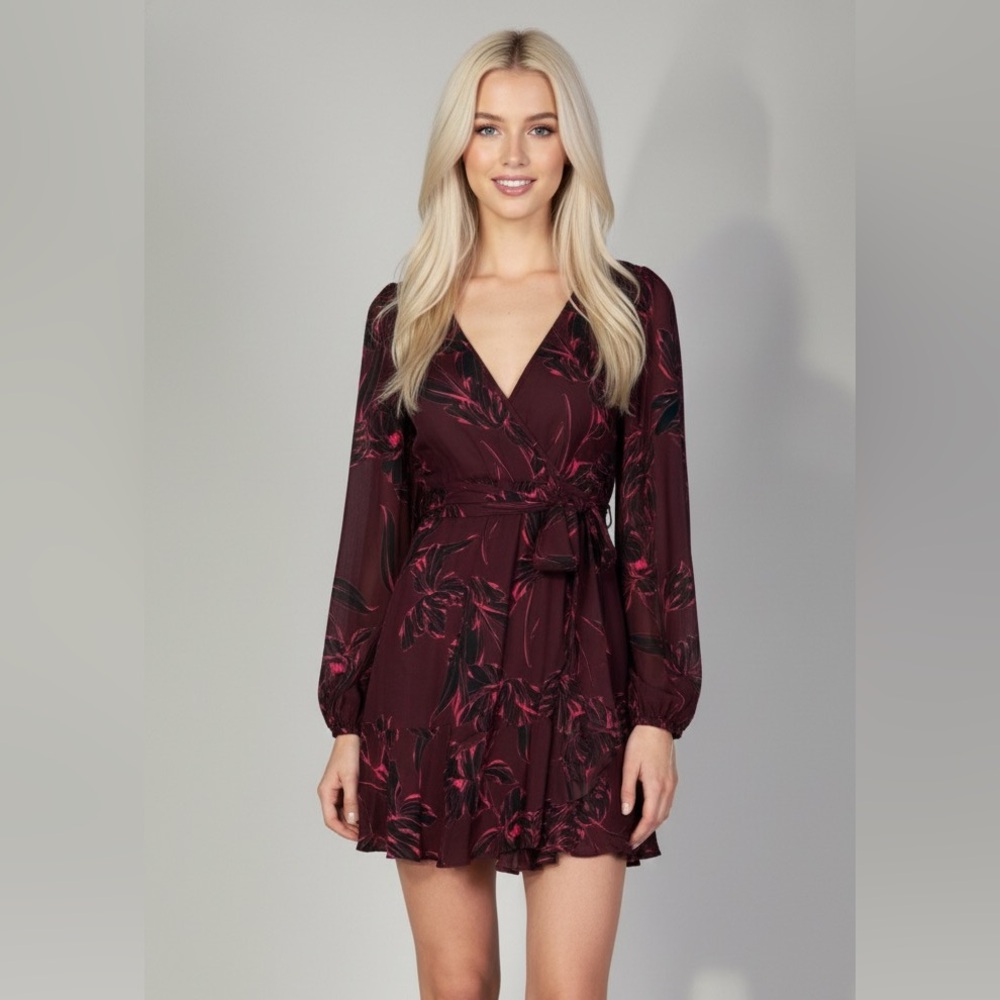 A.L.C. Long Sleeve Burgundy Floral Wrap Dress
